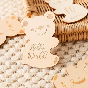 Wooden bear baby milestone cards, engraved newborn monthly growth record photography props.