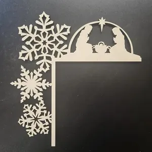Wooden Christmas nativity scene corner decor, laser cut snowflake wall hanging detail.