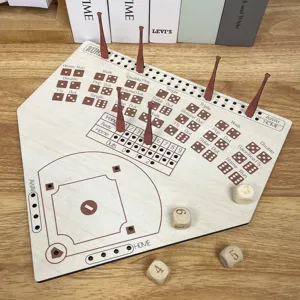 Wooden baseball tabletop board game detail shot, featuring natural wood dice and mini bat pegs.
