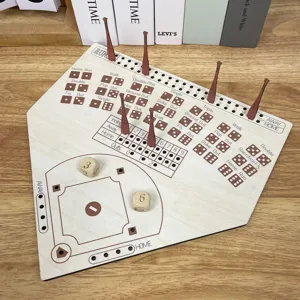 Wooden baseball board game with dice and wooden pegs for family party tabletop entertainment.