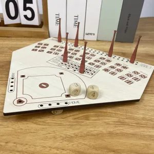 Wooden baseball board game detail showing wooden field base, mini bat pegs, and dice.