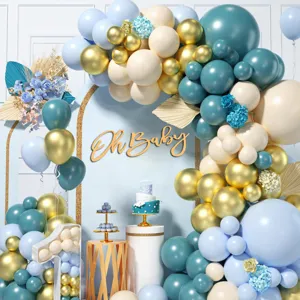 Kit ghirlanda di palloncini con insegna in legno Oh Baby dorata per decorazione festa.