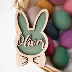 Étiquette de panier de lapin de Pâques en bois personnalisée décoration de fête de printemps