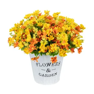 Artificial yellow orange daisy flower bouquet in white metal pot for home decor