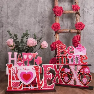 Valentine wooden tiered tray decor set with heart love and xoxo signs for home party.