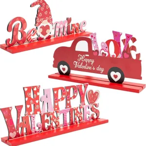 Valentine wooden tabletop signs set featuring cute gnome, red truck, and love text decor.