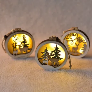 Wooden Christmas hanging ornaments with LED lights, hollow deer and tree rustic decorations.