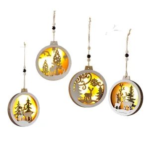 Wooden Christmas hanging ornaments with lights, hollow deer and tree designs for holiday decor.