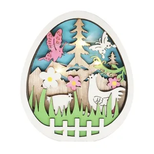 Easter wooden egg LED light ornament, spring rustic layered craft table decoration for home.