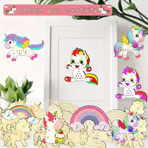 Vista dettagliata di artigianato in legno fai-da-te per bambini, con unicorno e arcobaleno.