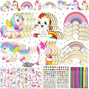 Kit di Artigianato per Pittura in Legno Fai da Te per Bambini Fette di Legno di Animali Unicorno Con Pennarelli ad Acquerello Adesivi di Diamanti Set di Giocattoli Educativi