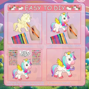 Set artigianale pittura legno unicorno bambini con penne colorate e adesivi strass brillanti.