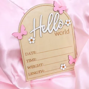 Newborn milestone wooden photo prop baby birth record plaque with floral and butterfly decor