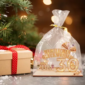 Support cadeau d'argent en bois 30 ans avec lumières LED et gravure texte joyeux.