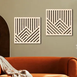 Wooden wall art hanging plaque, 3D hollow carved minimalist geometric decor for living room.