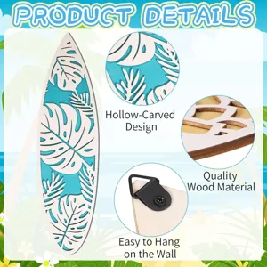 Wooden surfboard wall decor detail showing hollow-carved tropical leaf pattern and hook.
