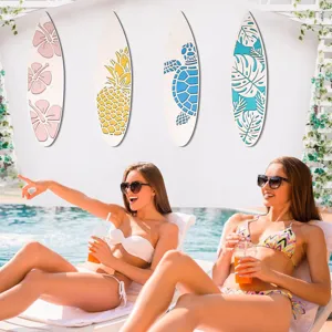 Wooden surfboard wall decor detail, summer beach theme hanging sign, pool party display.