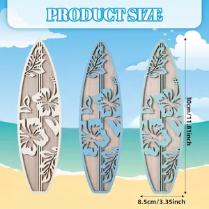 Wooden surfboard wall decor set with tropical floral cutout design for summer beach party.