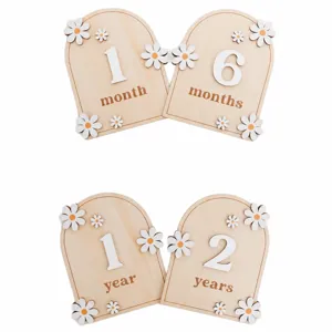 Wooden baby milestone photo props with cute daisy designs, perfect for newborn monthly records.