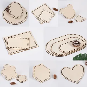 Laser cut wooden basket bases detail, various shapes with holes for crochet DIY weaving.