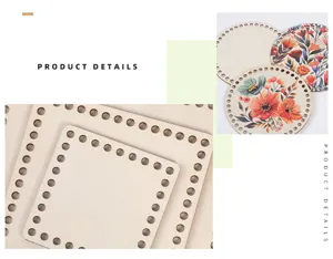Detail shot of laser cut wood basket bottoms with crochet holes, round floral and square base.