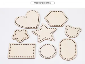 Wooden crochet basket base set with various shapes, detailed holes for DIY hand weaving crafts.