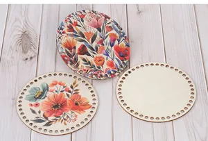 Laser cut wooden basket base round wood board with holes for crochet DIY weaving craft project