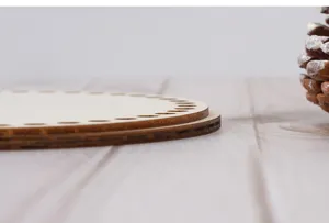 Laser cut wooden basket base with holes for crochet DIY handmade weaving crafts projects details.