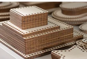 Wooden crochet basket base with pre-drilled holes for DIY handmade knitting projects.
