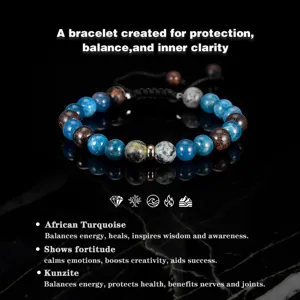 Detailed view of handmade energy bracelet with African Turquoise and Kunzite stones