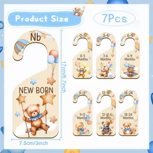 Wooden baby closet dividers set of 7 pieces, cute bear design nursery organizer tags.