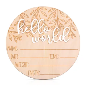 3D Hello World Annonce de Naissance Panneau en Bois Disque Jalon de Nouveau-né Cadeau de Fête de Bébé Décoration de Chambre de Bébé Accessoire de Photographie