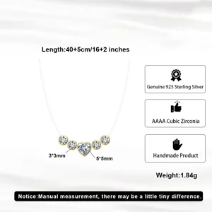 Detailed measurements of sterling silver heart necklace with cubic zirconia pendants