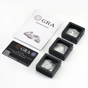 Detailansicht des Moissanit-Schmucksets mit GRA-Zertifikat und schwarzen Geschenkboxen