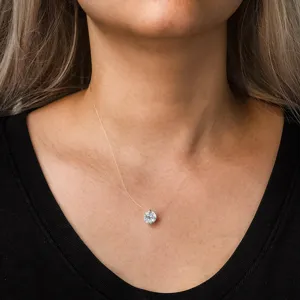 Close-up of minimalist S925 silver zircon pendant necklace on invisible fishing line
