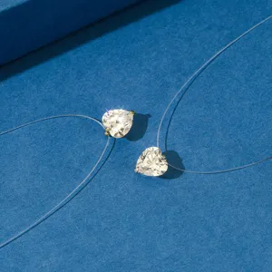 Elegant heart-shaped zircon invisible fishline necklace with mermaid tears sparkling pendant