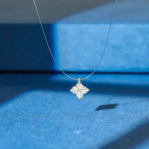 Close-up detail of a sparkling S925 silver star zircon pendant on an invisible choker line