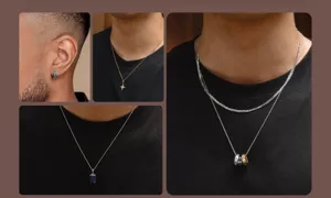 Vue rapprochée détaillée de boucles d'oreilles en argent et colliers pendentifs sur modèle.