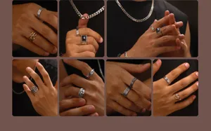 Détails en gros plan de bagues en argent vintage et colliers, bijoux style punk gothique homme.