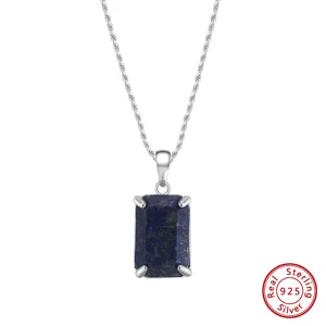 S925 Silber Lapislazuli rechteckiger Anhänger Halskette Detailansicht elegante Stil.