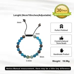 Detailed view of handmade blue apatite energy bracelet with adjustable cord and beads