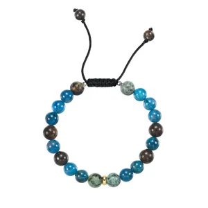 Handmade men's energy bracelet featuring blue apatite and natural stone beads on white background