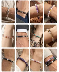 Kollage verschiedener elastischer Armbänder aus Naturstein wie Amethyst und Tigerauge