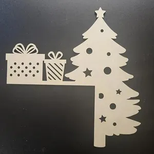 Wooden Christmas tree door corner decoration, laser cut holiday home decor detail.