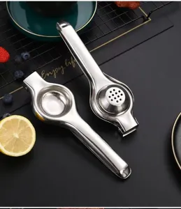 Stainless steel manual lemon squeezer detail, durable kitchen tool for effortless juice pressing.