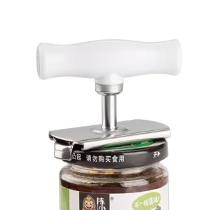 Multifunctional stainless steel jar opener with ergonomic white handle, easy twist lid remover tool.