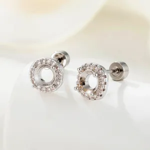 Pair of 5mm titanium steel screw-back earring blank settings with CZ halo for DIY