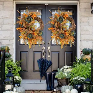 Ghirlanda Autunnale di Girasoli Blu Artificiali Con Nastro Leopardato e Foglie di Acero per Decorazione Porta e Giardino