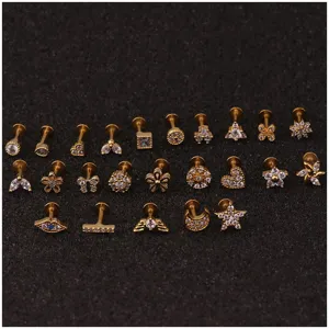 Various stainless steel zircon labret lip stud set with fashion flower and heart designs
