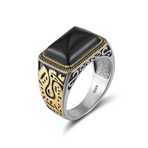 Bague vintage en argent S925 pour homme avec onyx noir rectangulaire et accents dorés